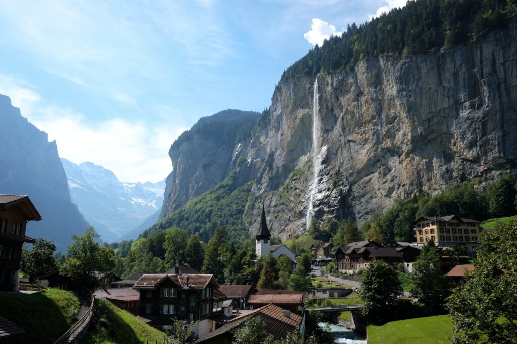 waterfall and swiss village