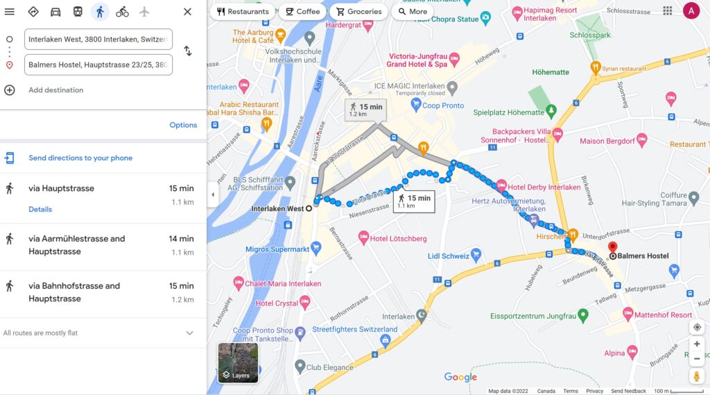 interlaken west station to balmers hostel